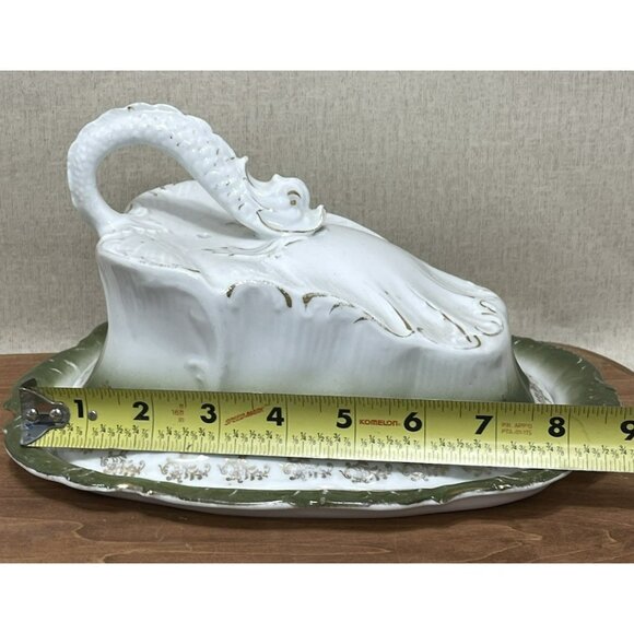 Vintage Glazed Green White Gold Cheese Keeper Butter Dish Dragon Handle - Picture 2 of 7